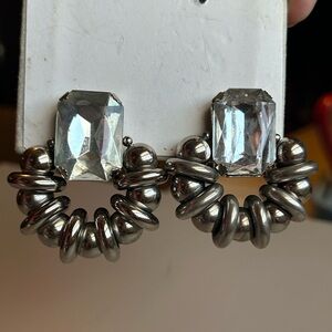 Vintage Retro Bold Silver Tone Clear Crystal Clip On Dangle Earrings Chunky Y2K
